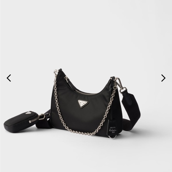 Prada Handbags - Prada Black Nylon Shoulder Bag with Chain Detail